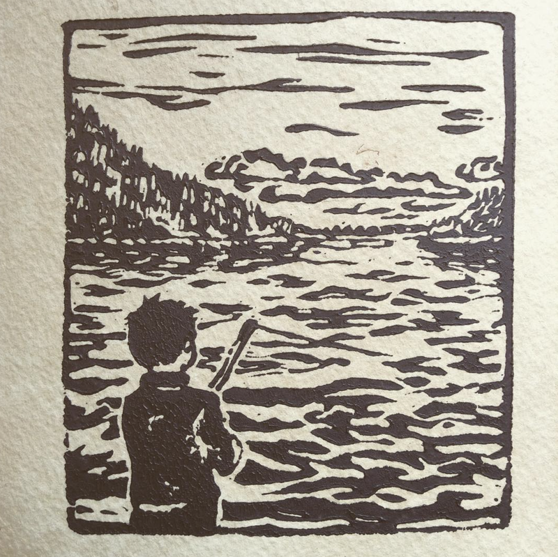 Lino cut artwork of fishing boy